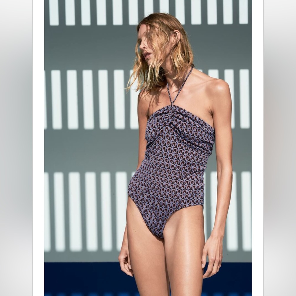 Zara printed jacquard bodysuit blue